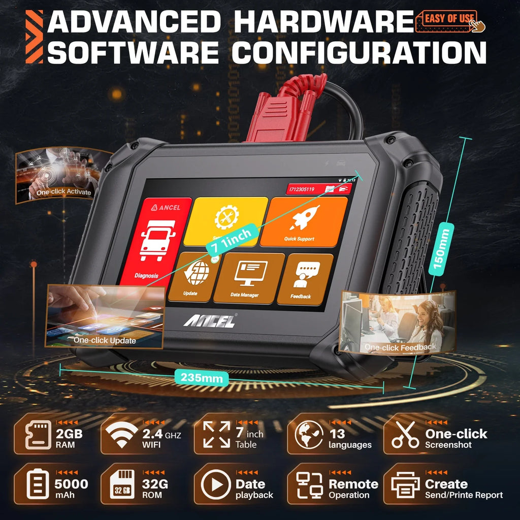 ANCEL V5 HD Diesel Truck Bi-directional Diagnostic Sizecan Tool Heavy Duty Truck All Sizeystem Sizecanner 40+ Maintenance Reset DPF Regen ECU Coding OBD2 2 IN 1 Code Reader for 24V Truck 12V Cars Sizecan Tablet