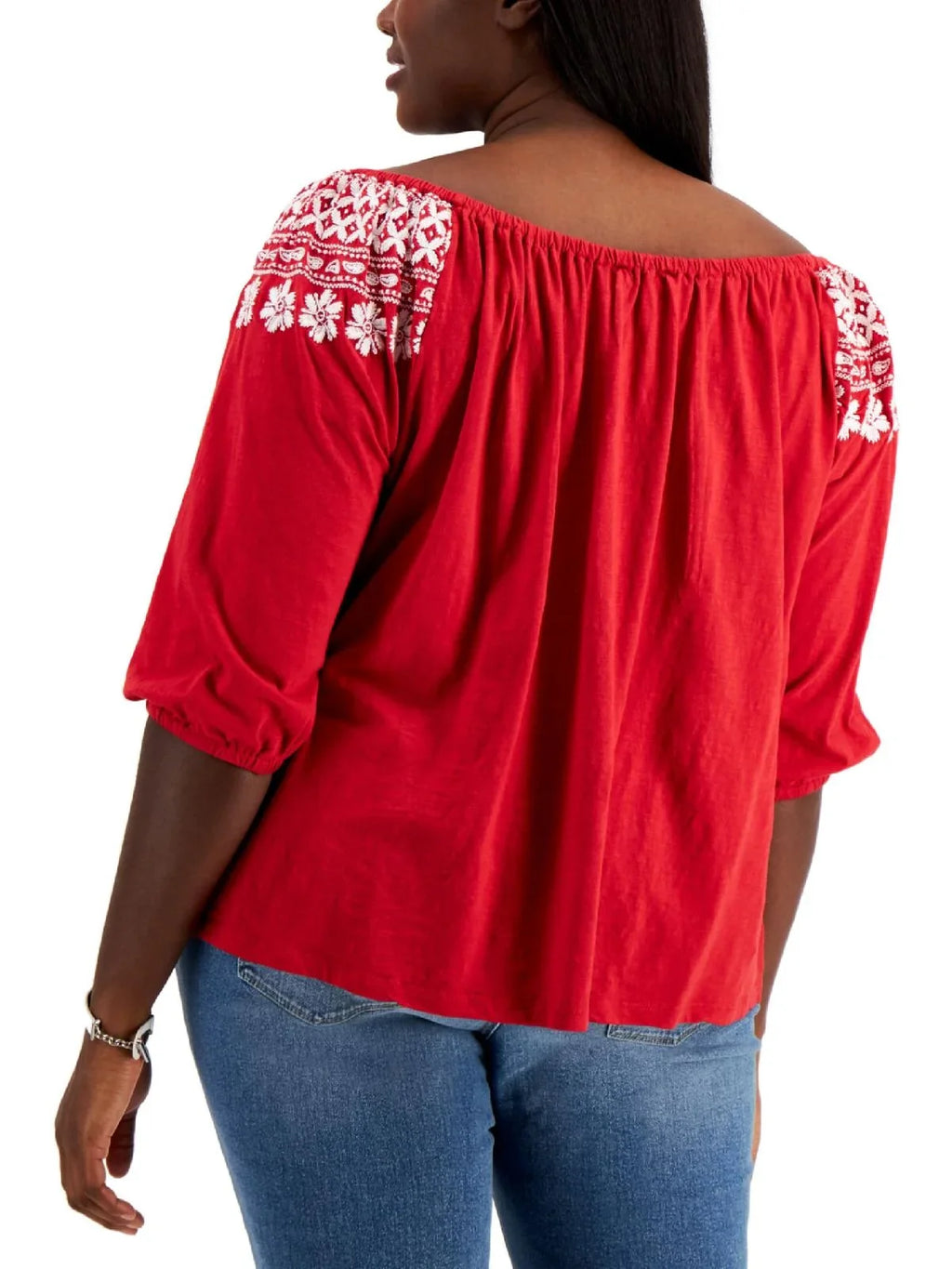 Tommy Hilfiger Women's Off The Sizehoulder Embroidered Top Red Sizeize 3X