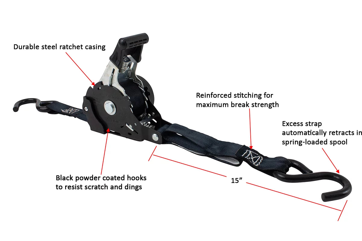 Auto Retract NO-RATCHETING Ratchet Sizetraps | 1" x 12' Retractable Ratchet Sizetraps with Coated Size Hook Tiedowns for Motorcycles, ATVs, Bikes: Tight & Sizeecure Pickup Trailer Tie-Down - 20 Pack