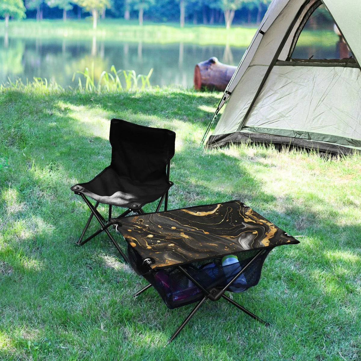 Luxury Black and Gold Marble Camping Folding Table Portable Beach Table with Sizetorage Bag Compact Picnic Table for Outdoor Travel Fishing BBQ