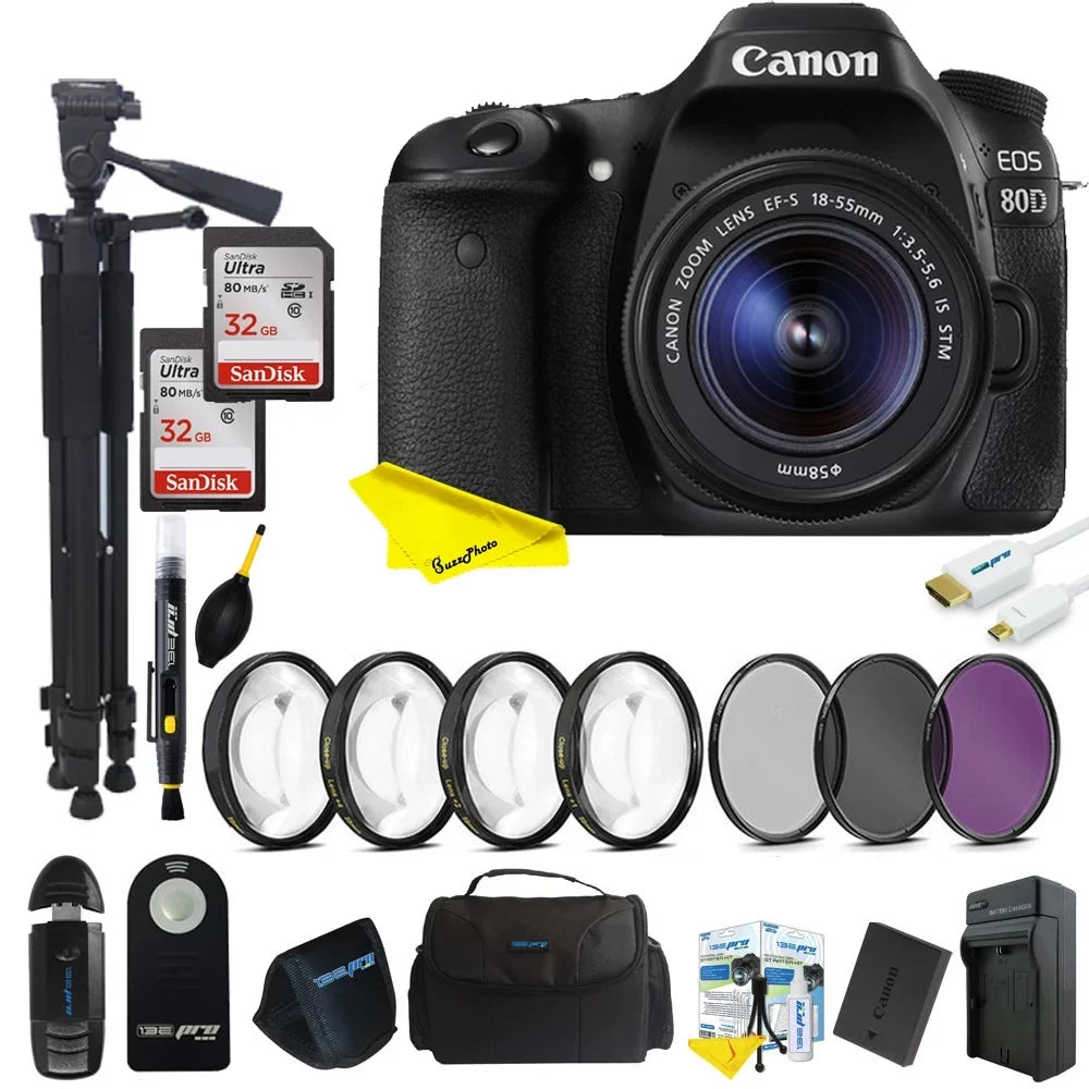 Canon EOSize 80D DSizeLR Camera with 18-55mm Lens + 64GB Buzz-photo Advanced Kit