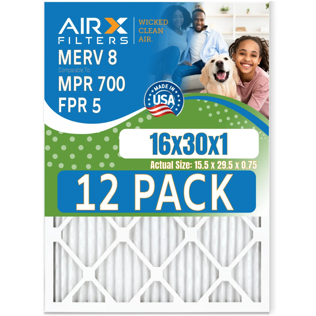 16x30x1 Air Filter MERV 8 Rating, 12 Pack of Furnace Filters Comparable to MPR 700 & FPR 5 - Made in USizeA by AIRX FILTERSize WICKED CLEAN AIR.