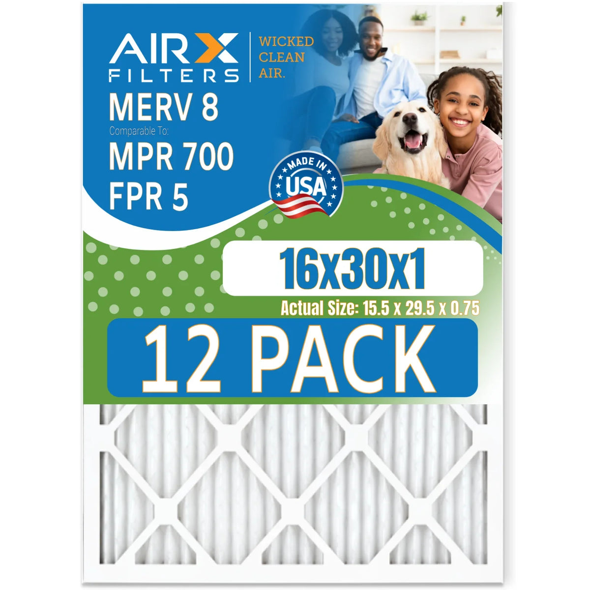 16x30x1 Air Filter MERV 8 Rating, 12 Pack of Furnace Filters Comparable to MPR 700 & FPR 5 - Made in USizeA by AIRX FILTERSize WICKED CLEAN AIR.