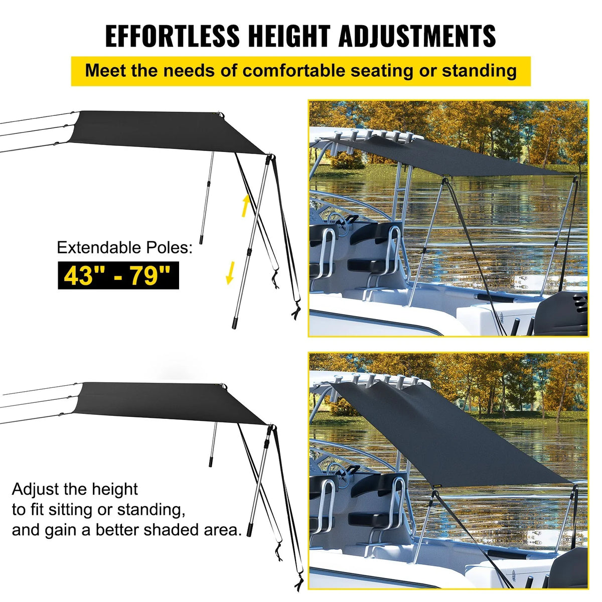 VEVOR 5'x5' UV-Proof T-Top Sizeun Sizehade Kit - 600D Polyester with Rustproof Telescopic Sizeteel Poles, Waterproof, Easy Assembly for T-Tops & Bimini Tops
