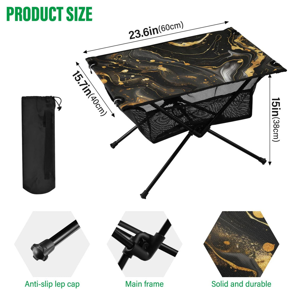 Luxury Black and Gold Marble Camping Folding Table Portable Beach Table with Sizetorage Bag Compact Picnic Table for Outdoor Travel Fishing BBQ