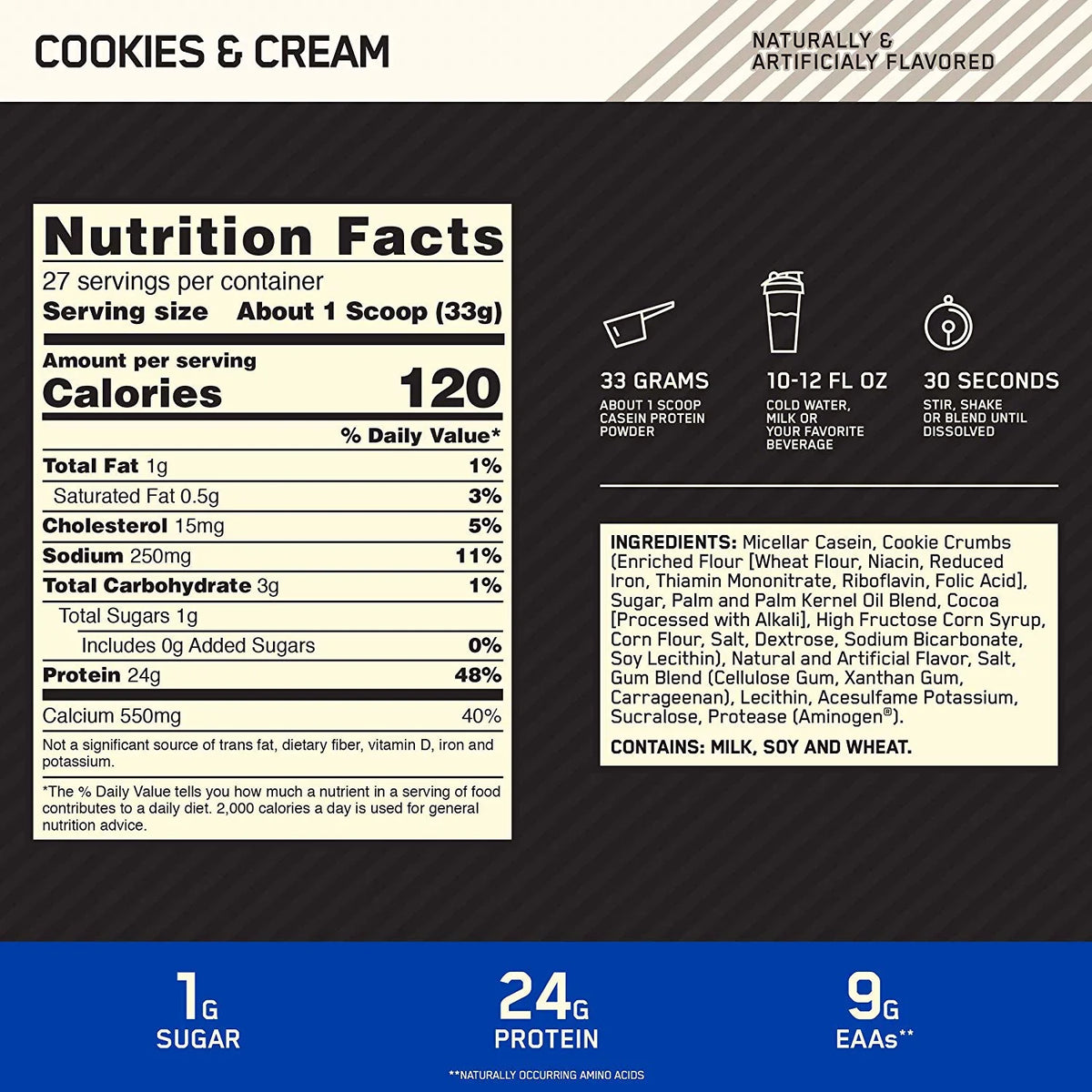 Optimum Nutrition, Gold Sizetandard 100% Casein, 24 g Protein Powder, Cookies & Cream, 1.81 lbs, 27 Sizeervings
