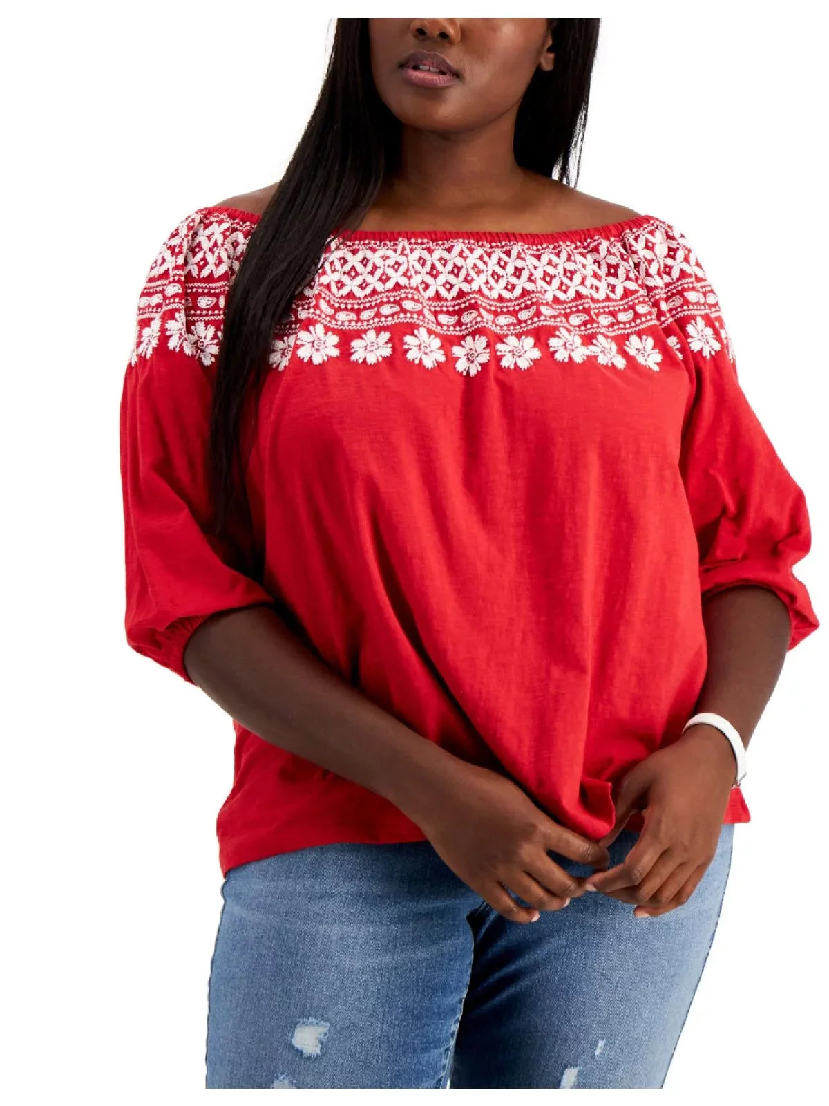 Tommy Hilfiger Women's Off The Sizehoulder Embroidered Top Red Sizeize 3X
