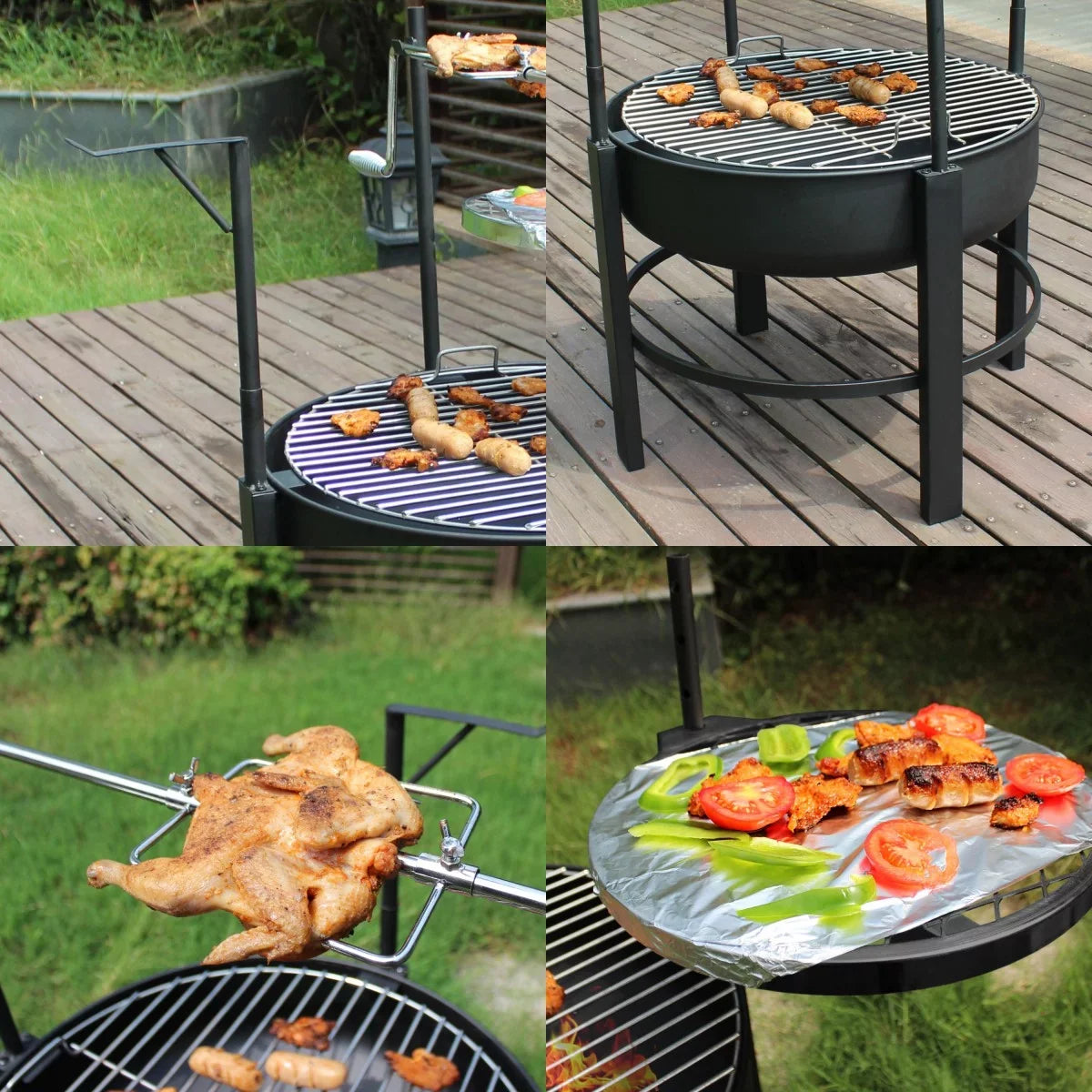 26 inch outdoor portable fire pit table with grill and turkey fork, featuring barbecue, dining table, and campfire functions