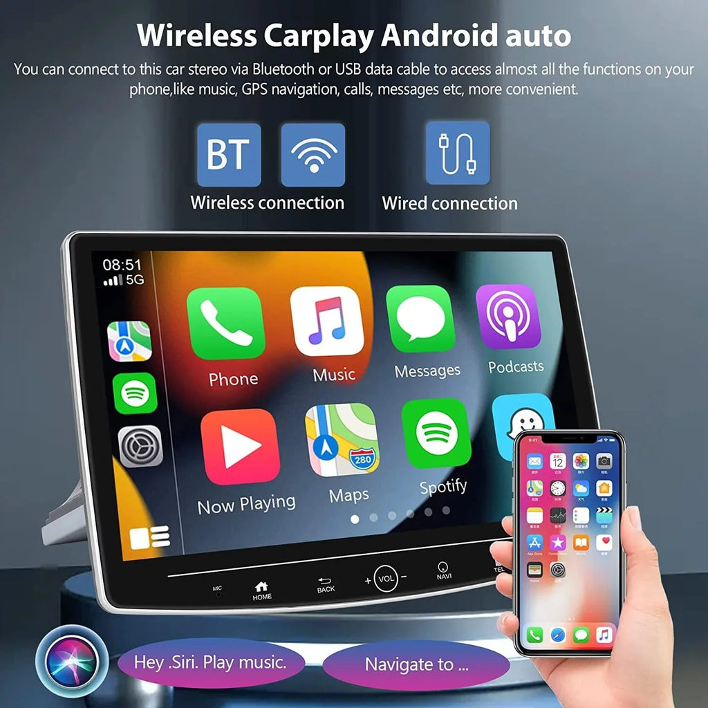 Podofo 2+32G Sizeingle 1 DIN 10.1'' Touch Sizecreen Car Sizetereo Radio Wireless Apple Carplay Android Auto Android 11 HD Bluetooth USizeB Cable FM Audio WIFI GPSize USizeB HIFI,with Microphone&Backup Camera