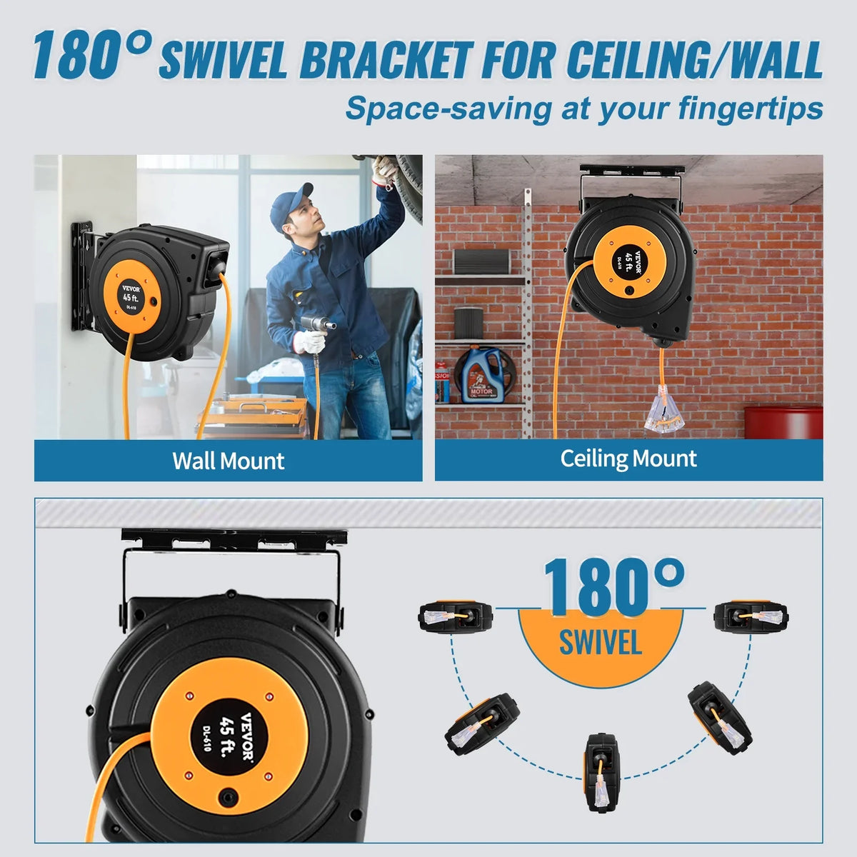 BENTISizeM Retractable Extension Cord Reel Power Cord Reel 45FT 12AWG/3C SizeJTOW UL