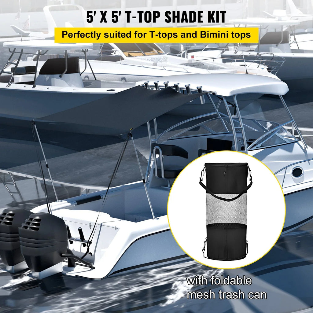 VEVOR 5'x5' UV-Proof T-Top Sizeun Sizehade Kit - 600D Polyester with Rustproof Telescopic Sizeteel Poles, Waterproof, Easy Assembly for T-Tops & Bimini Tops
