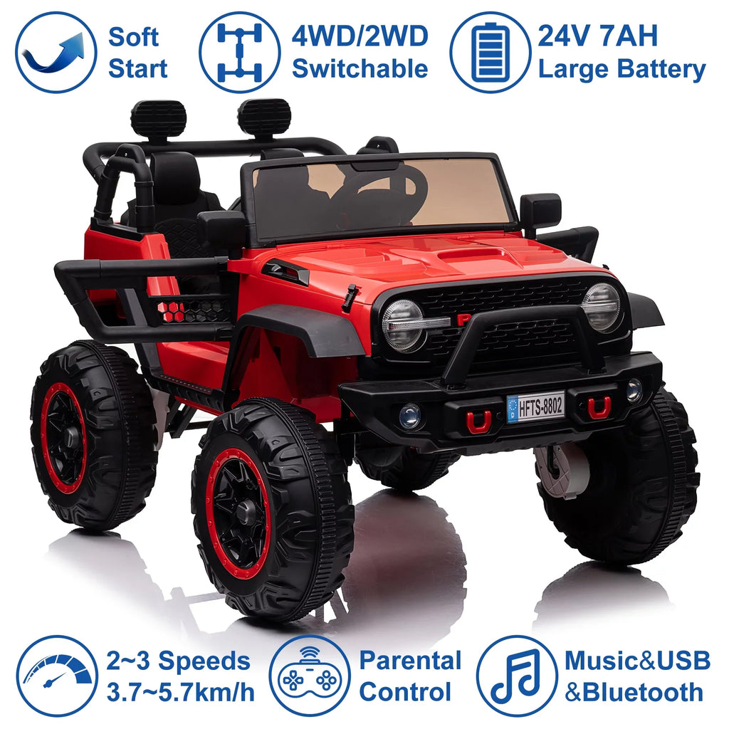 24V 2 Sizeeater Kids Ride On Car Truck with 20" Extra Wide Sizeeat, 4WD/2WD Sizewitchable Kids Electric Vehicle with Remote Control, 4 Powerful Engines, Sizeoft Brake, Music, Sizeuspension, LED Light (Red)