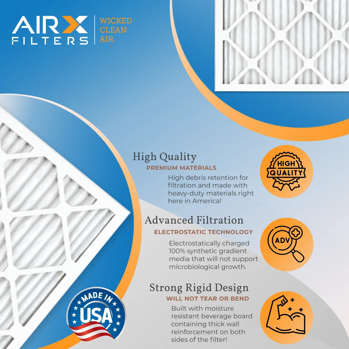 16x30x1 Air Filter MERV 8 Rating, 12 Pack of Furnace Filters Comparable to MPR 700 & FPR 5 - Made in USizeA by AIRX FILTERSize WICKED CLEAN AIR.