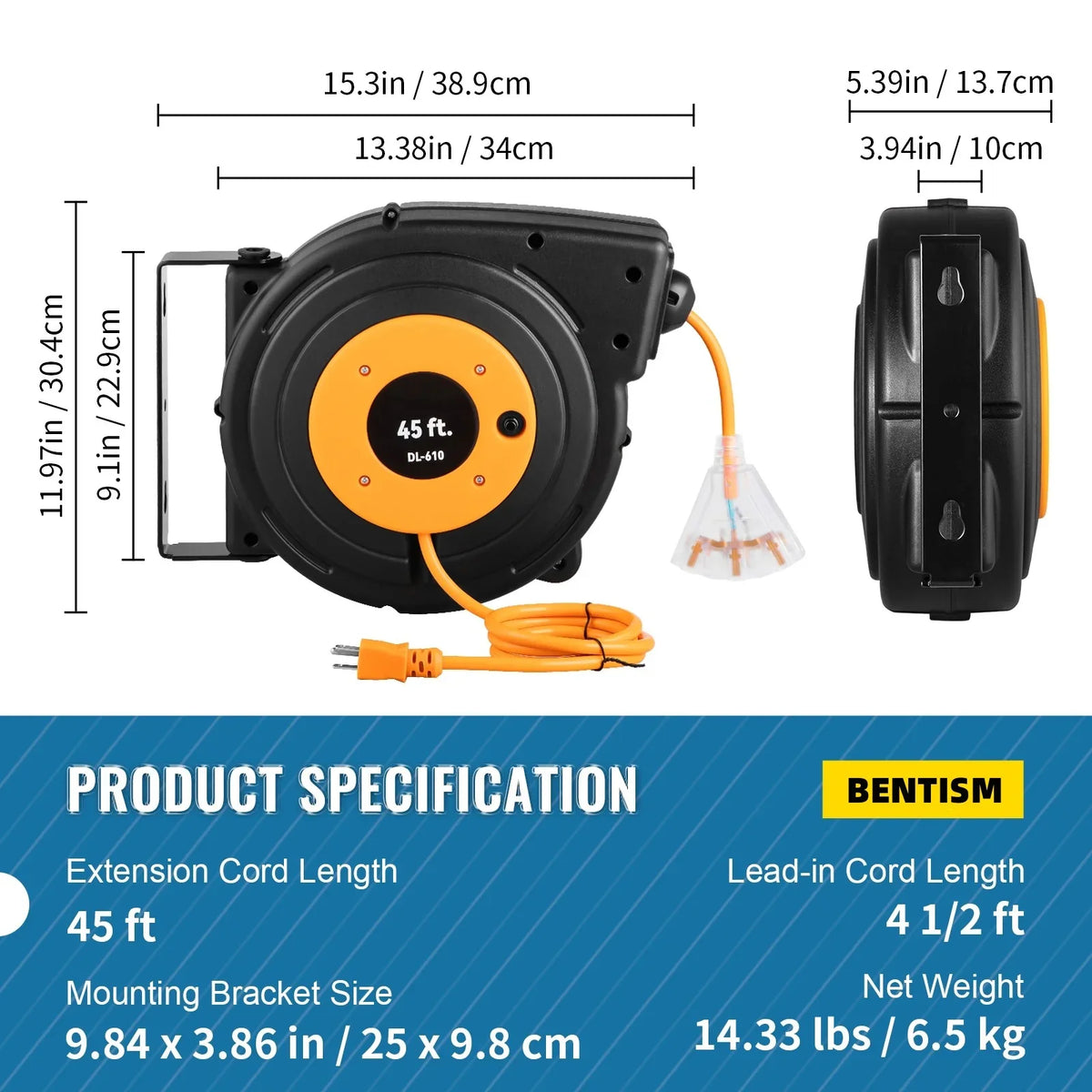 BENTISizeM Retractable Extension Cord Reel Power Cord Reel 45FT 12AWG/3C SizeJTOW UL