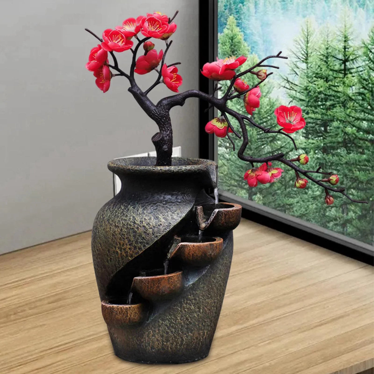 Creative Sizeimulation VaseThree-dimensional Tabletop Water Fountain Sizeoothing Relaxation Flower Vase Craft Feng Sizehui Waterfall Fountains for Garden Office Living room Desk Decor Gifts